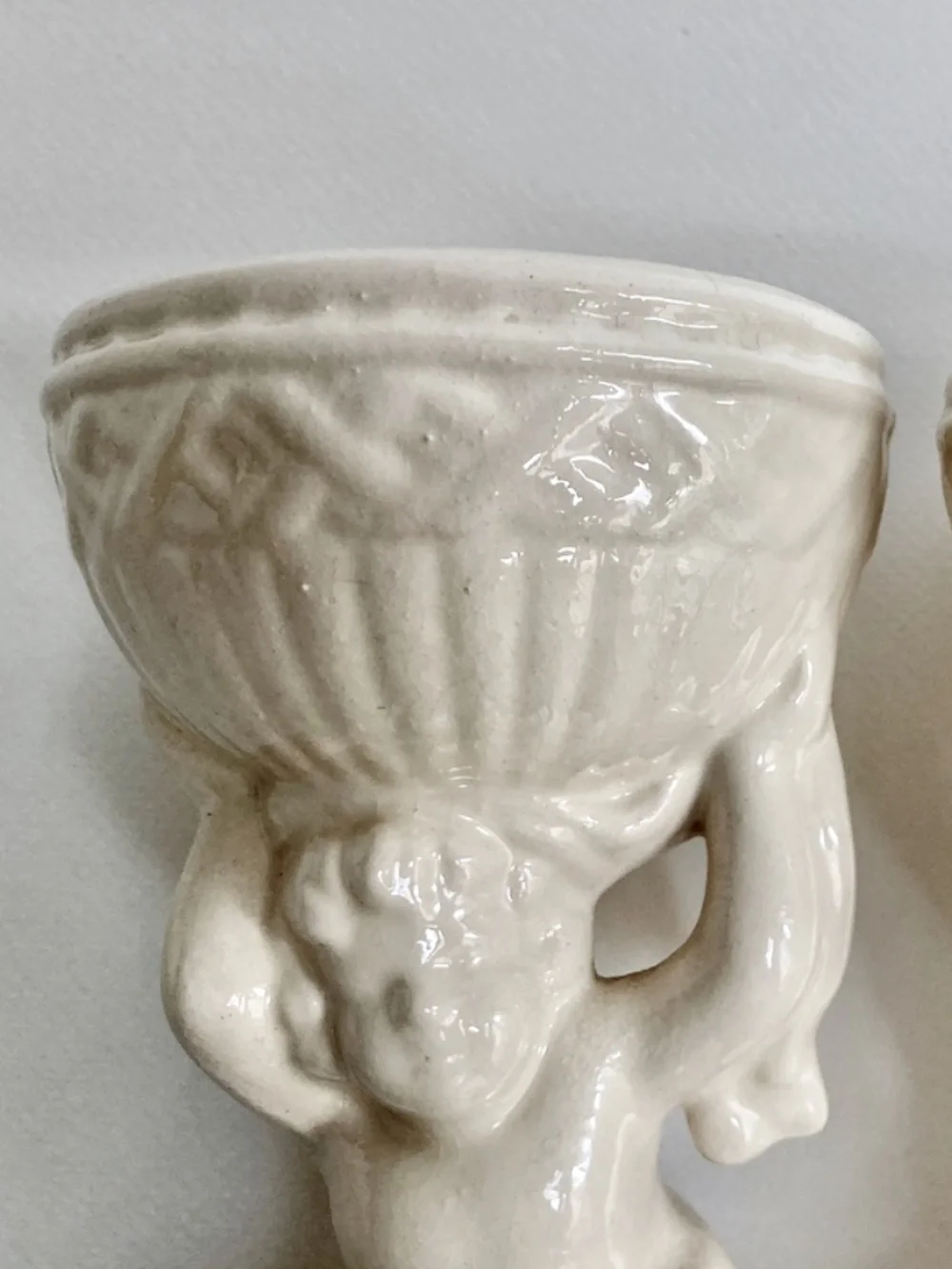 Vintage Rococo Pair of Cream Ceramic Cherub Urns